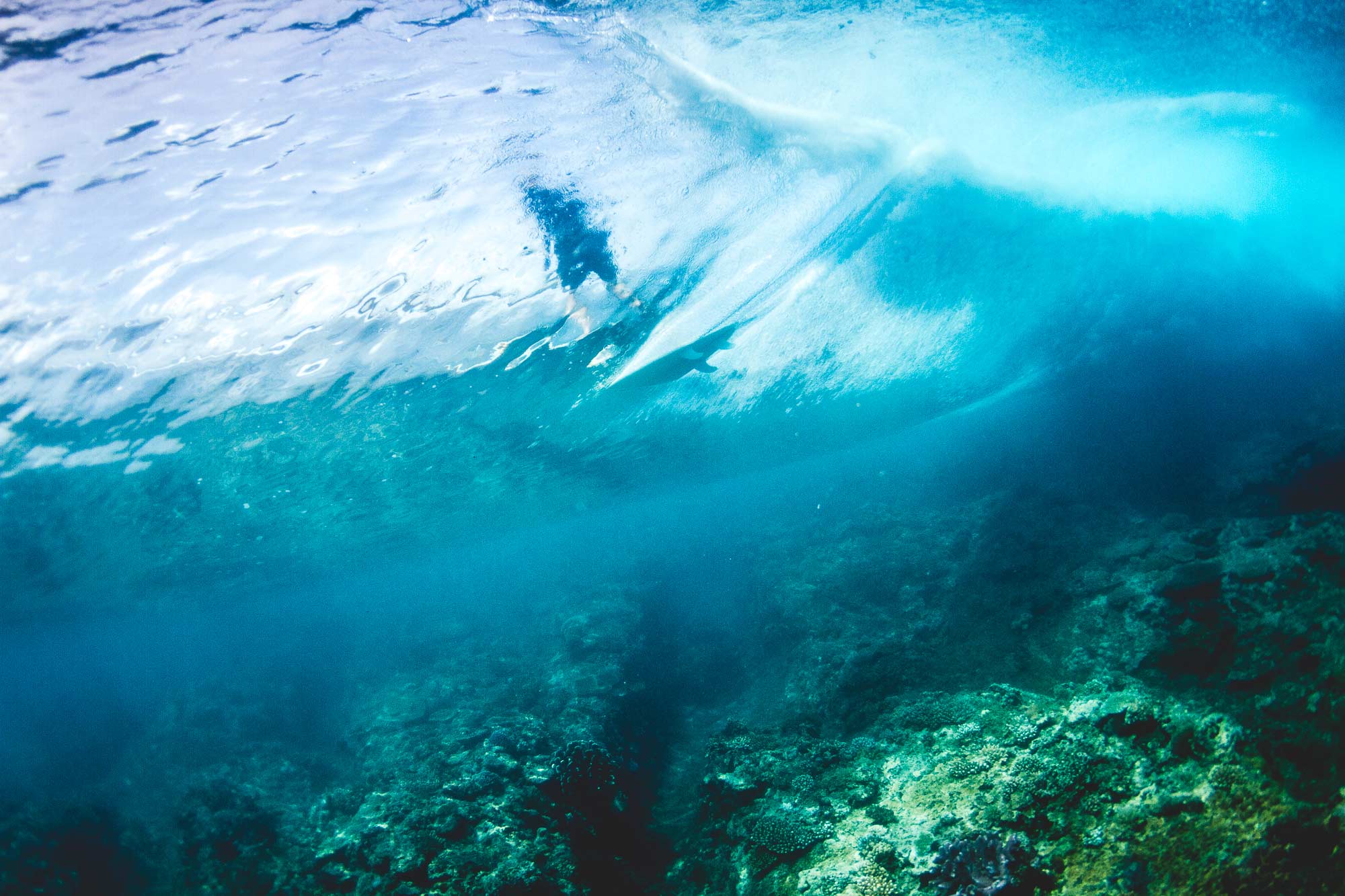 Beneath the wave with surfer at resturants surf break in Fiji