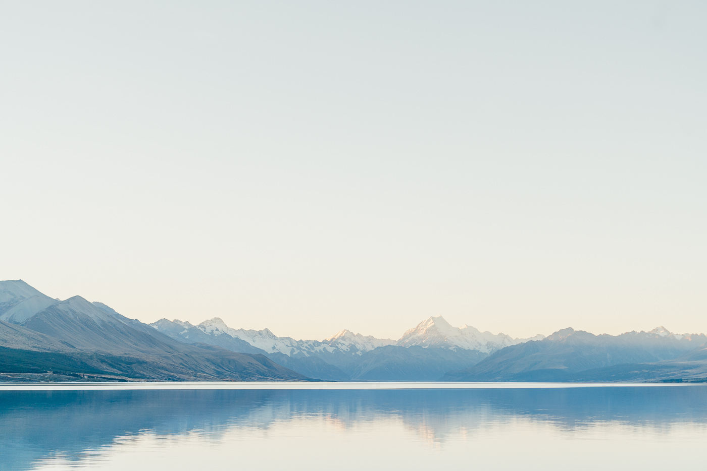 Reflection of Mount Cook on Lake Pukaki at Sunset.