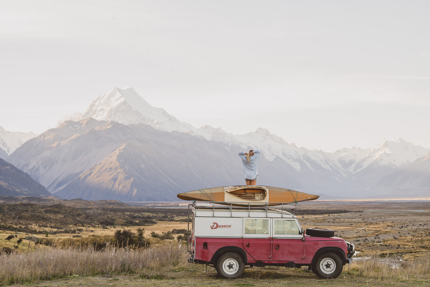 DeuceRover with Kayak on the roof enjoying the scenics of Mount Cook.