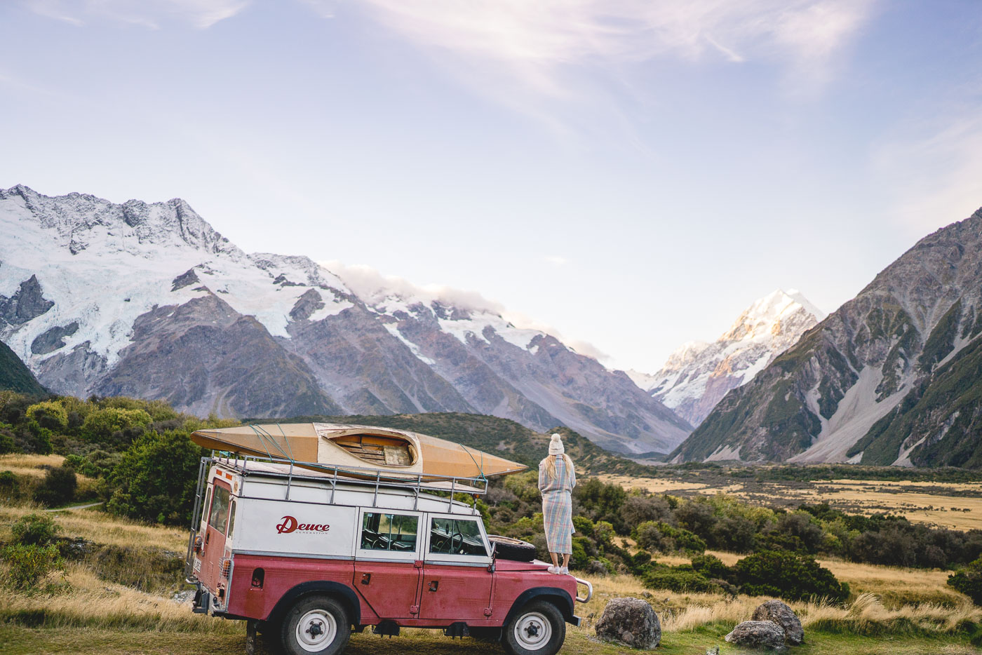 Wine and crackers on the Deuce Rover as the last evening light hits the top of Mount Cook.