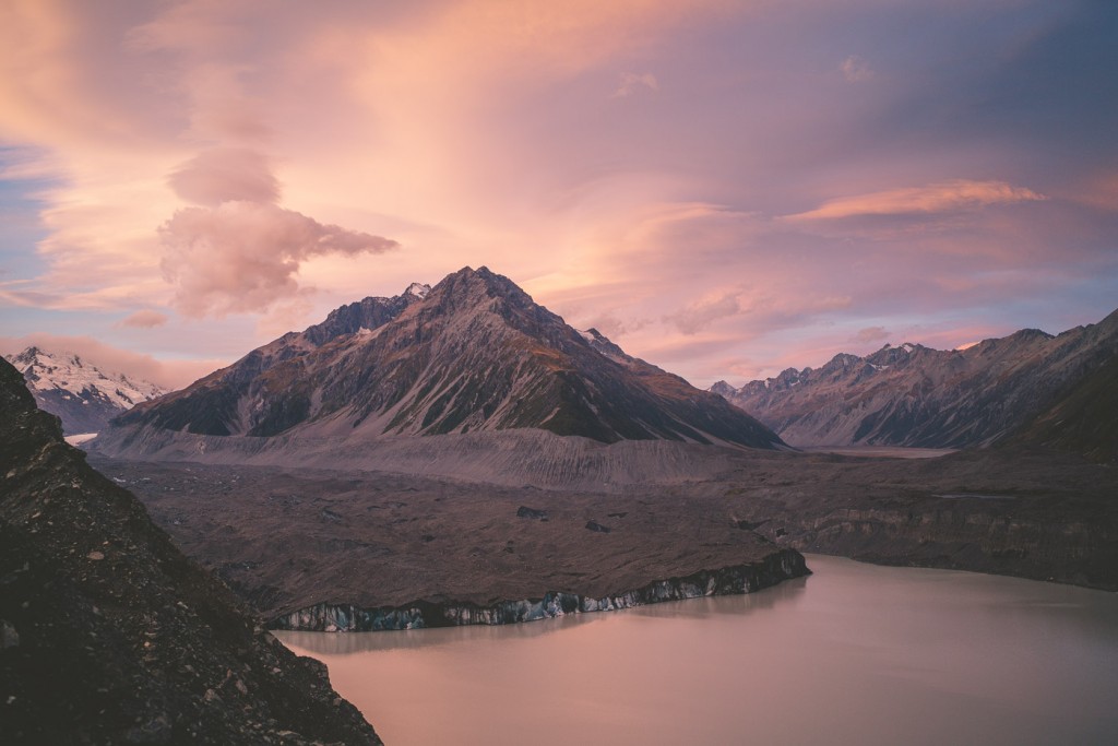 Tasman glacier at sunset in the Mount Cook National Park.