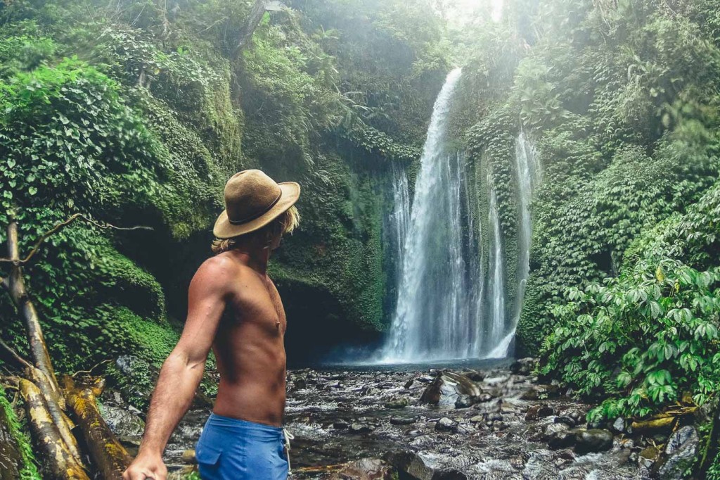 Stefan Haworth filming the Tui Kelep waterfalls on the Sony Action Cam in Lombok Indonesia . Photo by Sony Ambassador Stefan Haworth