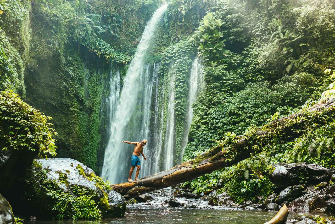 Stefan Haworth at the Tui Kelep waterfalls in Lombok Indonesia . Photo by Sony Ambassador Stefan Haworth