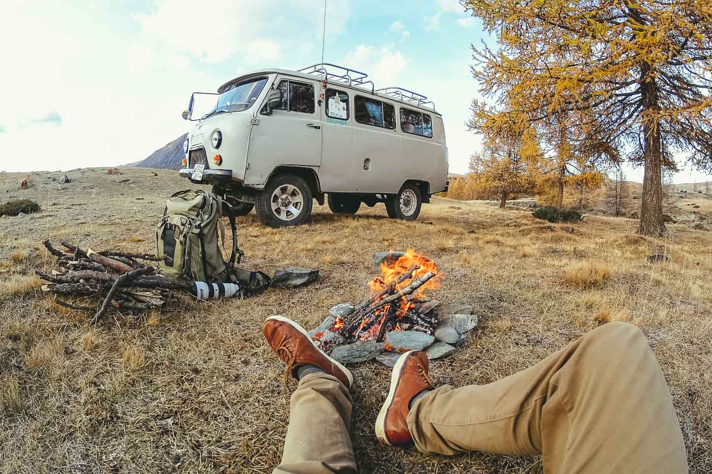 campfire next to the van in the Alta Mountains of Mongolia