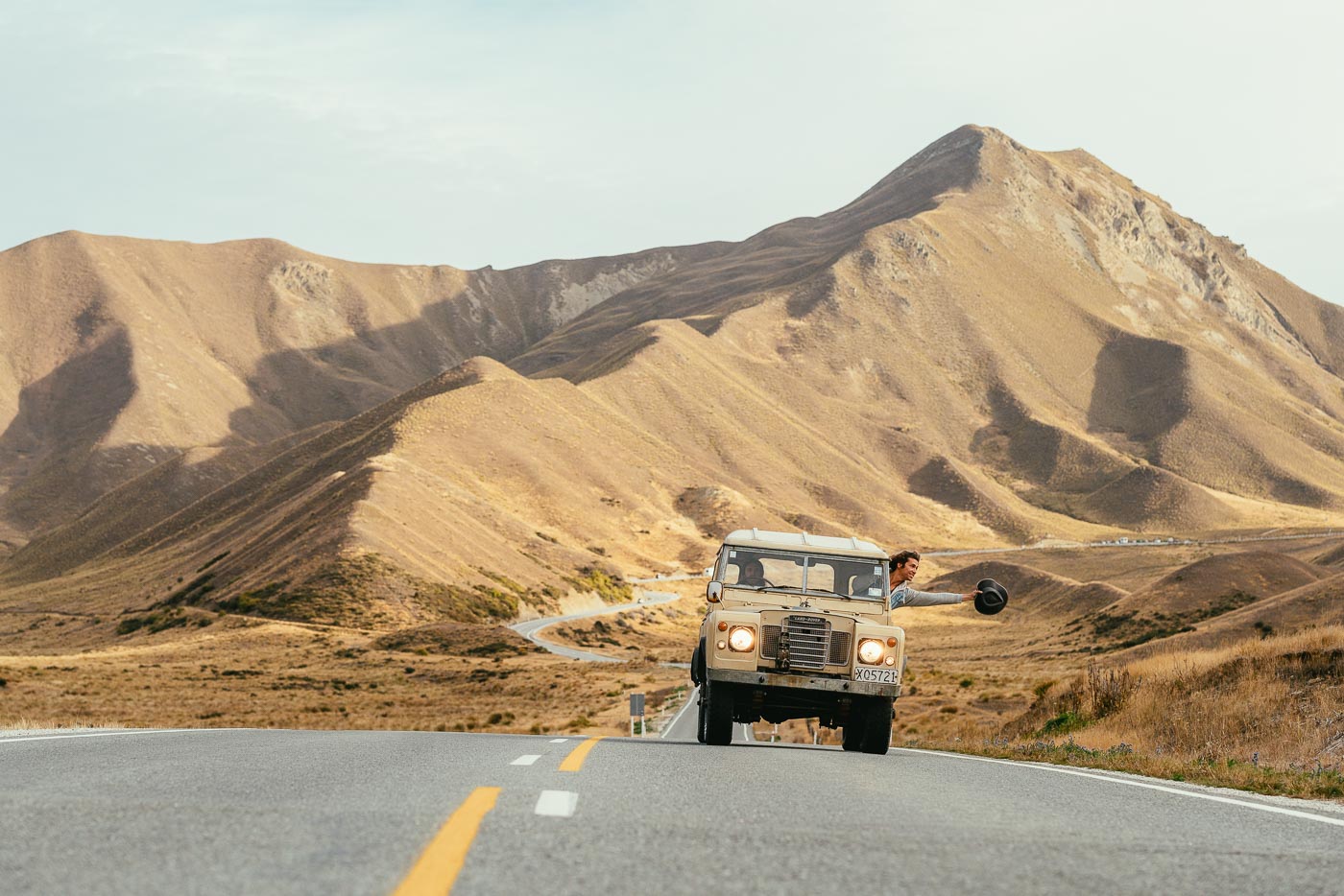 Driving a land rover Lindis Pass New Zealand