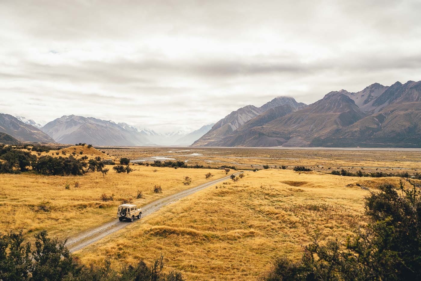 Land Rover Driving through the Mount Cook National Park, NZ