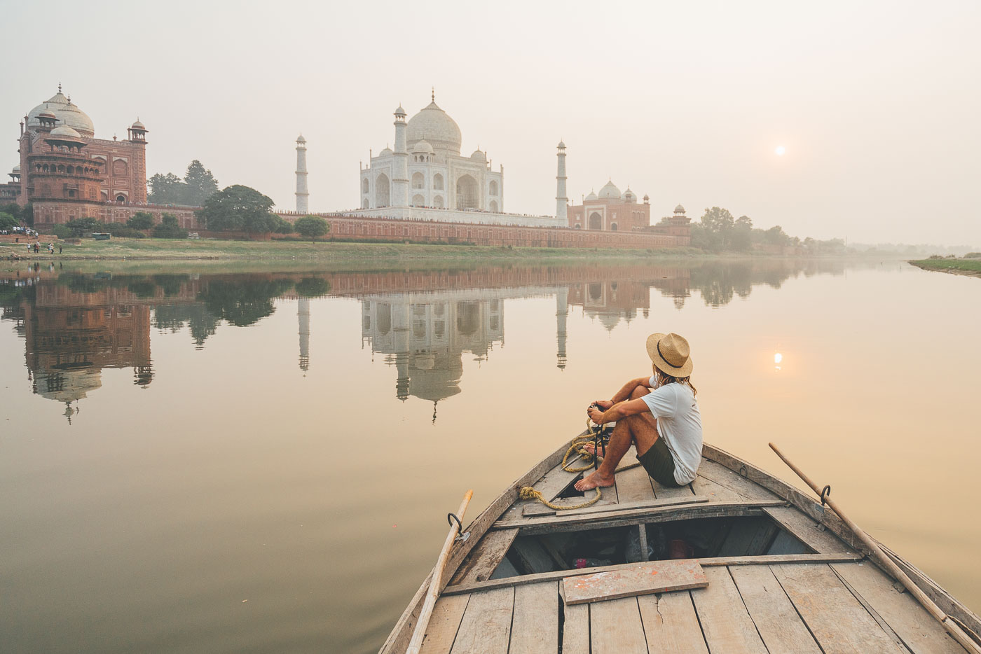 Photographer Haworth taking photos of The Taj Mahal from the river