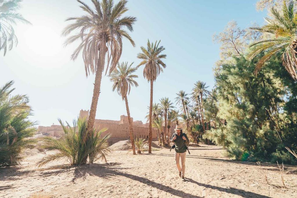 Photographer walking though Sahara desert Oasis, Morocco