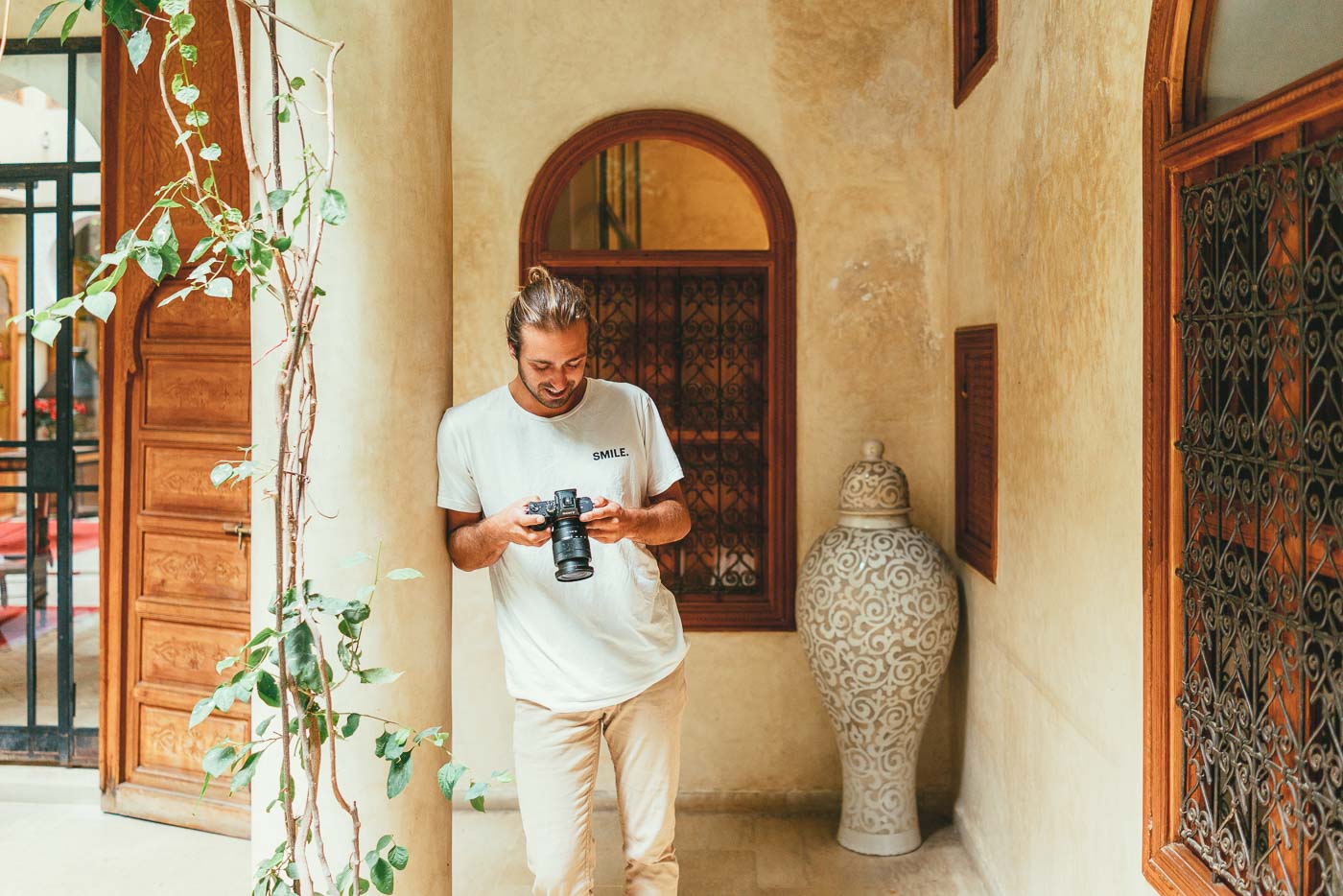 Photographer Stefan Haworth reviewing photos in Morocco