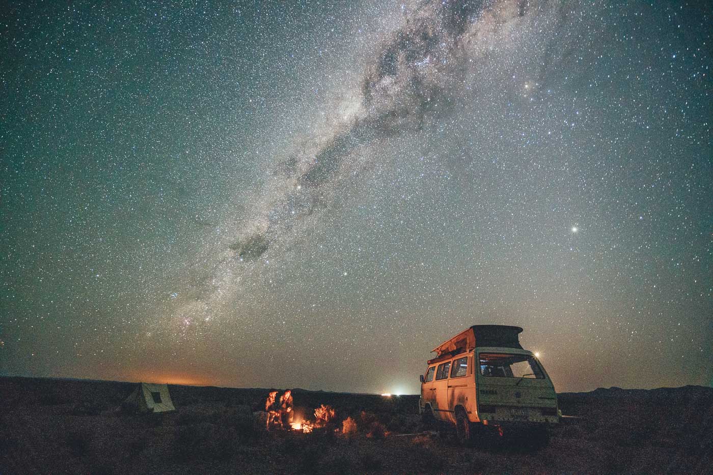 Camping in Volkswagen Campervan under starry night sky in South Australia with Will and Bear. Captured by Adventure Photographer Stefan Haworth