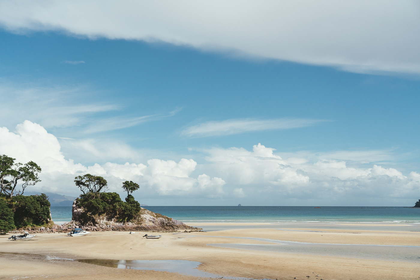 Low tide on Great Barrier Island white sand beaches