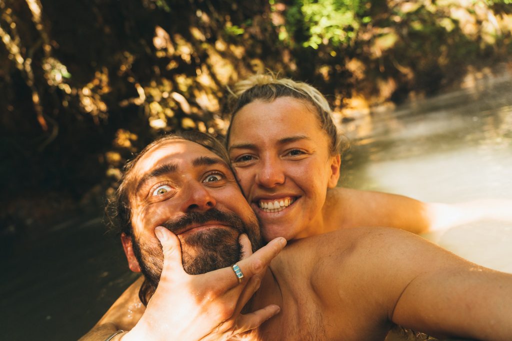 Stefan Haworth and Jade Barclay in the thermal hot pools of Great Barrier Island