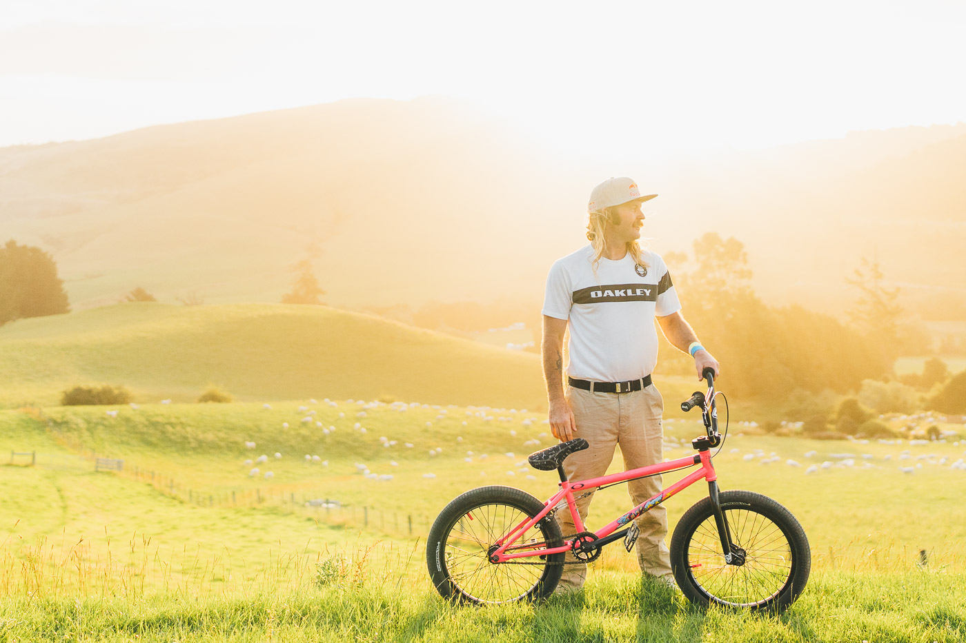 Redbull BMX athlete Michael 'Hucker' Clark portrait at sunset on the Frew Farm Jam