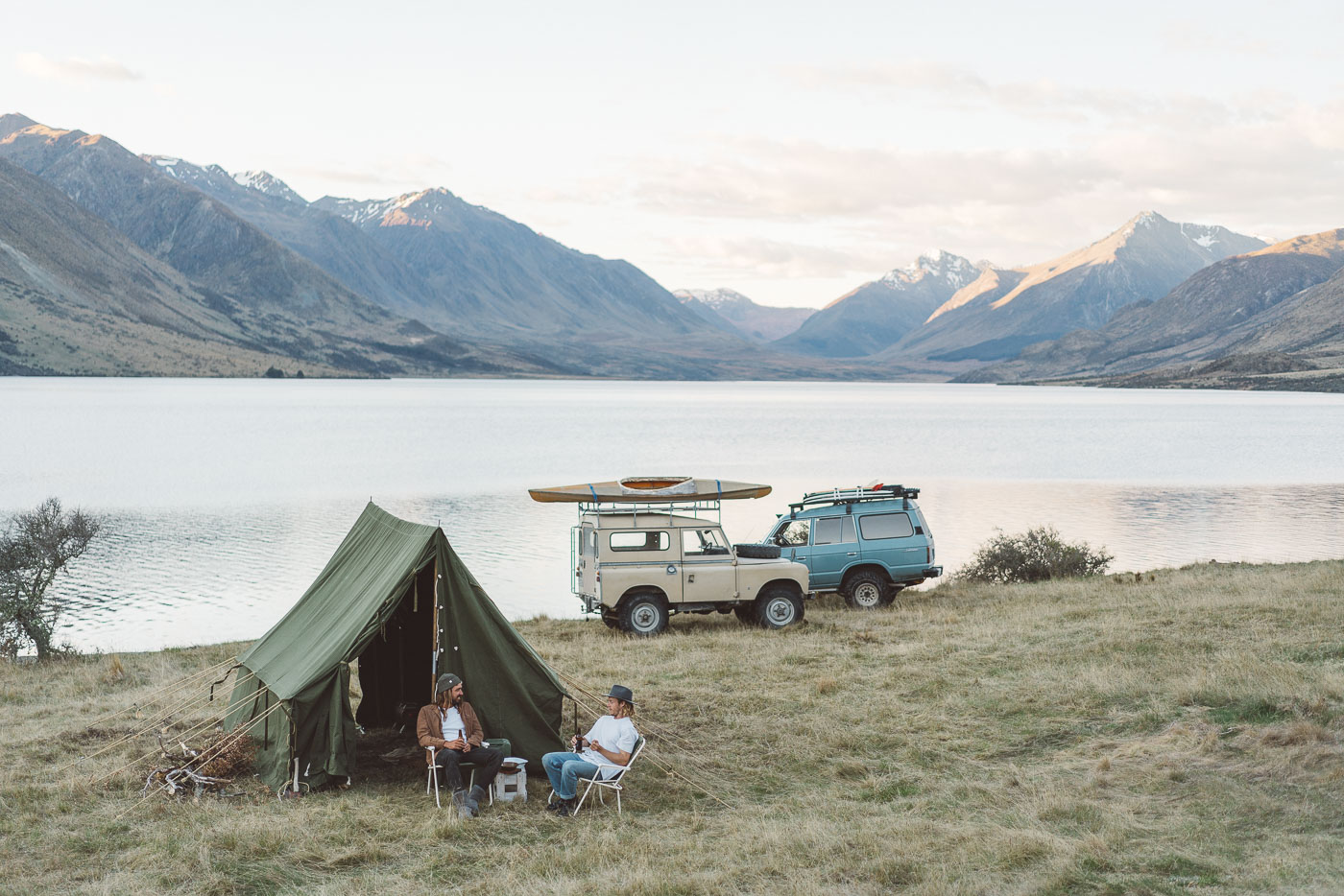 Photographer Stefan Haworth and Joe Leeper camping with vintage vehicles in Southern Alps of New Zealand