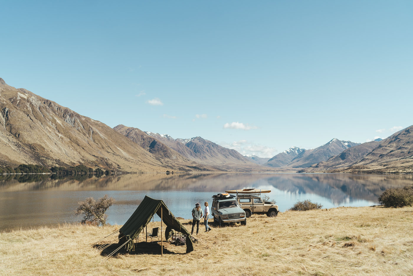 Photographer Stefan Haworth and Joe Leeper camping with vintage vehicles in Southern Alps of New Zealand. Captured by Photographer Stefan Haworth.