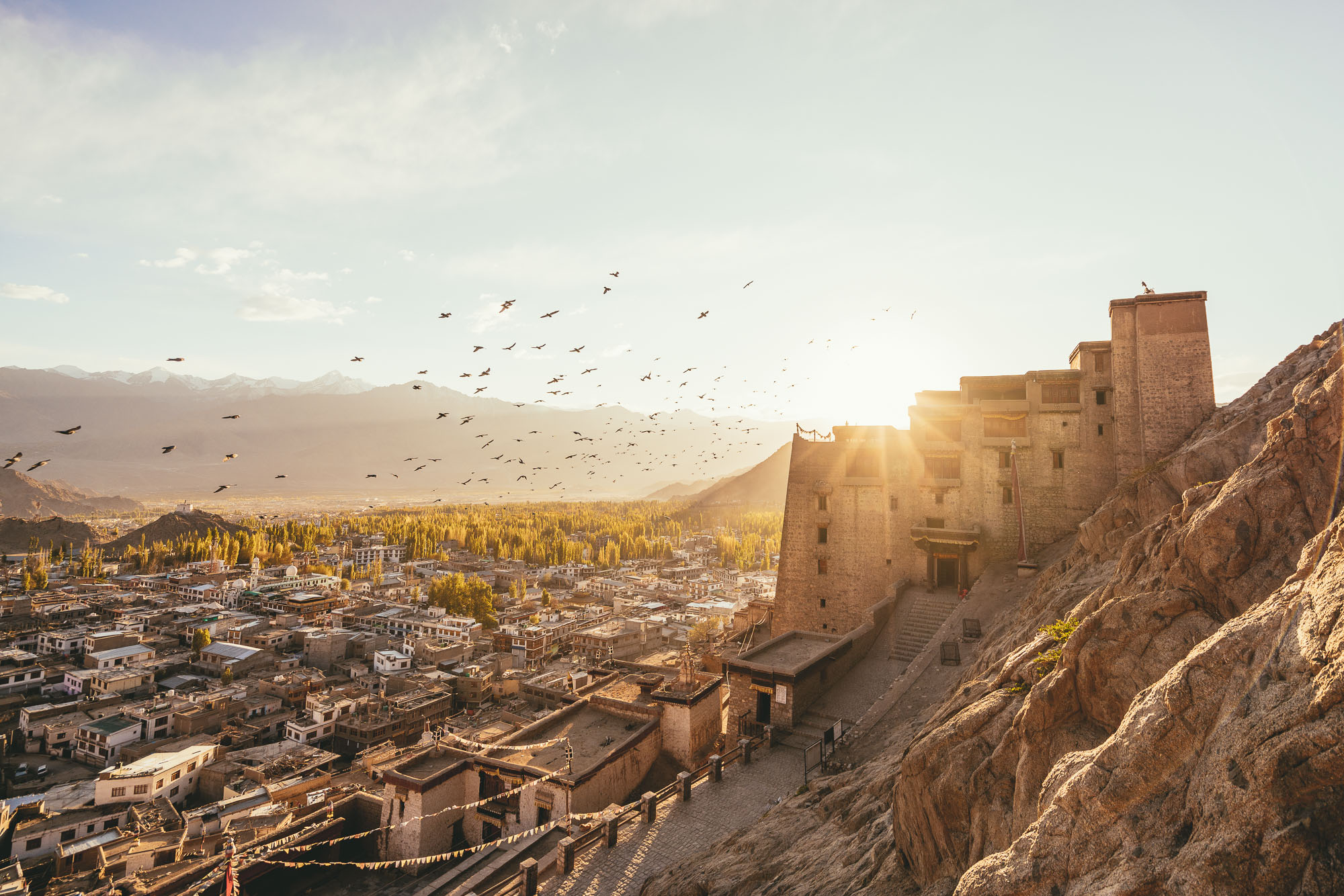 Setting sun over Leh Palace, ladakh district of northern India