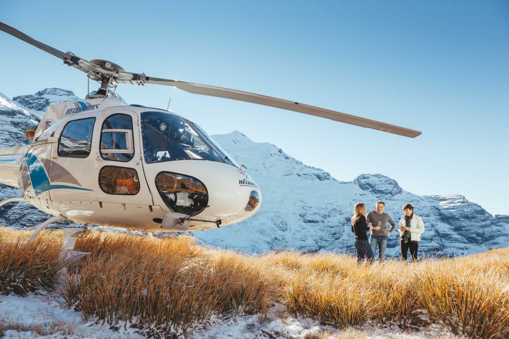 Helicopter flight with Wine and Cheese picnic in front of Earnslaw Burn Glacier for Heliworks Helicopter in Glenorchy near Queenstown, New Zealand